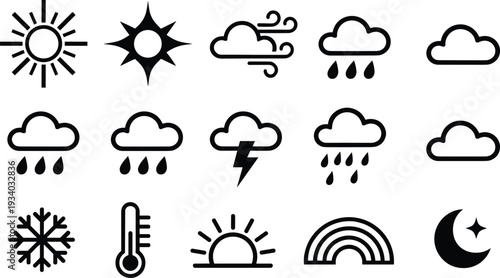 Weather forecast and climate icons set, sun cloud rain snow wind storm temperature vector illustration collection