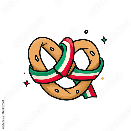 A cartoon pretzel is tied with a ribbon displaying green, white, and red stripes on a dark backdrop