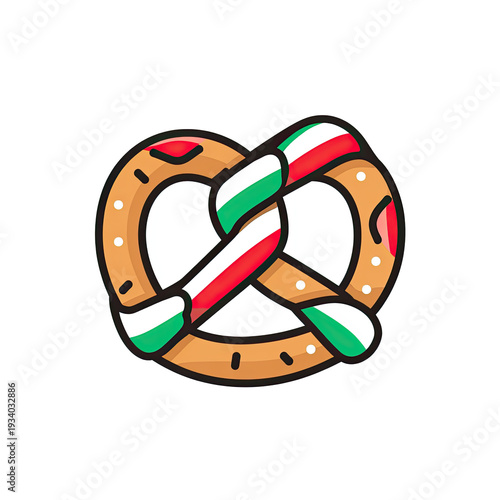 A cartoon pretzel with a red, white, and green color scheme on its dough-like surface