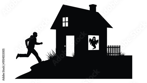 A man runs away from a haunted house isolated on white background, Vector