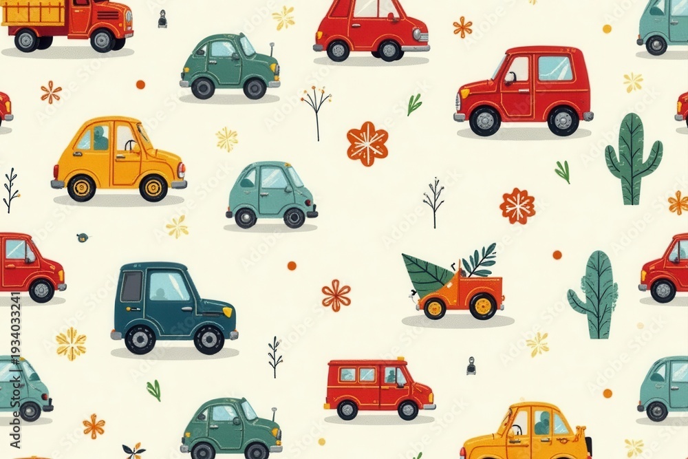 Fototapeta premium Adorable hand-drawn vehicles seamless pattern Perfect for kids' fabric & wallpaper , illustration, retro, doodle