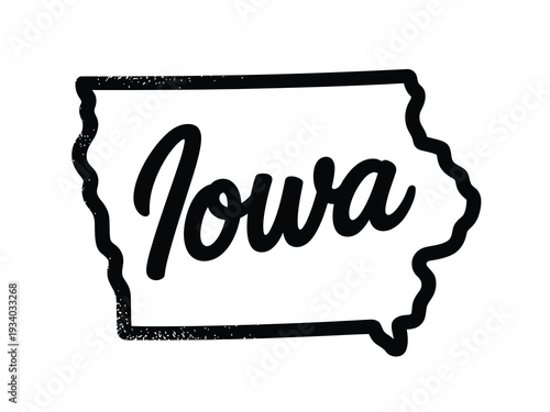 A black and white illustration depicting the state of iowa with its name