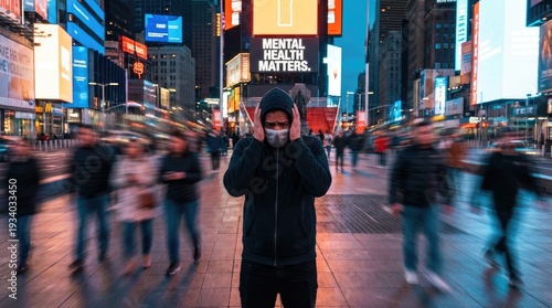 Overwhelmed individual in blurred crowd showing stress and panic anxiety concept. Person in a mask amidst a busy city, conveying mental health awareness.