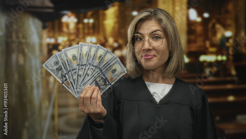 Foto Blonde judge woman wearing robe holds money fan inside church building altar area; greed
