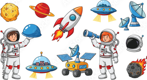 Space Exploration Cartoon Vector Illustration Set with Astronaut Rocket UFO Satellite and Mars Rover
