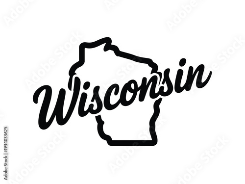 Black silhouette of wisconsin state outline with cursive state name