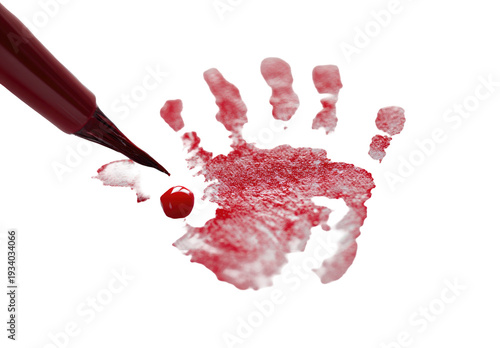 Graphic depiction of a bloody handprint, dropper, and droplet against a black backdrop
