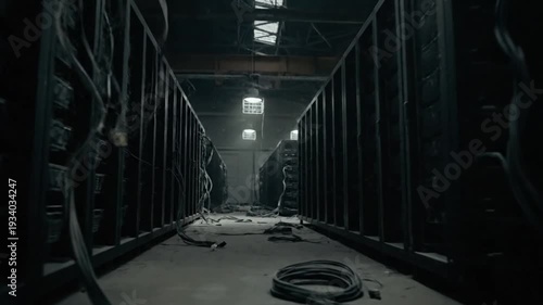 exploring a dim data center corridor with tangled cables and server racks