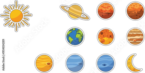 Solar system stickers display planets, sun, and moon in a cartoon style.