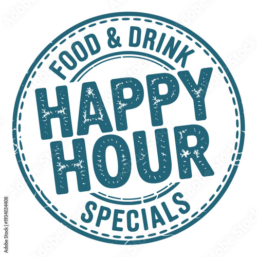 A vintage style circular stamp announcing happy hour food and drink specials