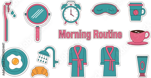 Morning routine stickers display daily self-care items like coffee, robes.