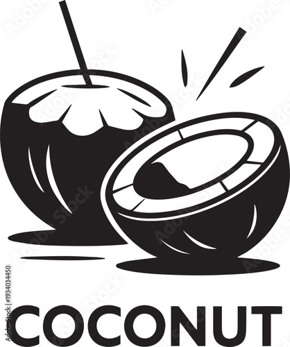 Hand drawn split open coconut with milk splash isolated on transparent background