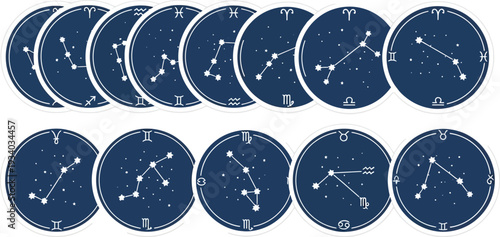 Twelve zodiac constellations are displayed against a dark starry night sky.