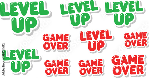 Brightly colored text phrases like Level Up and Game Over are shown as.