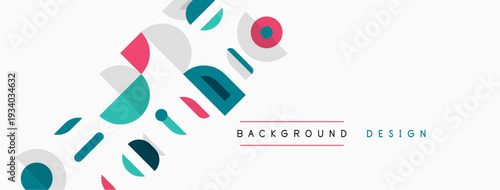 Abstract geometric shapes overlap, creating dynamic background. Colors include red, teal, gray, plus white space. Modern design element.