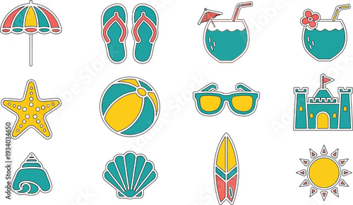 Beach vacation icons feature summer accessories like umbrellas.