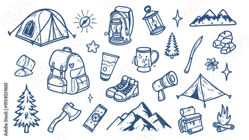 Hand drawn doodle camping elements. Vintage clipart