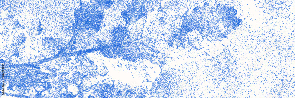 Obraz premium Blue cyanotype oak branch botanical background. Stipple dot overlay texture with leaves and twig silhouette. Delicate indigo blue nature banner for template and graphic design project.