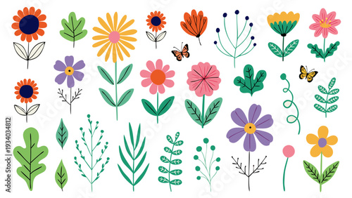 Set of summer garden flower, abstract hand drawn flowers. Floral cute doodle elements, wildflower, leaves and herb, plants, foliage.