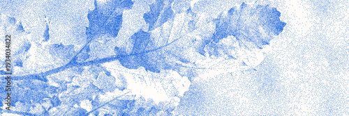 Blue cyanotype oak branch botanical background. Stipple dot overlay texture with leaves and twig silhouette. Delicate indigo blue nature banner for template and graphic design project.