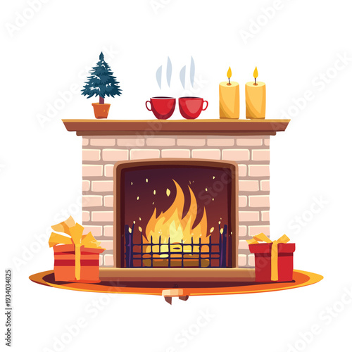 Fireplace scene with gifts candles and beverages illustration