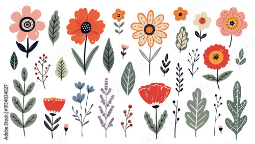 Set of spring and summer abstract hand drawn flowers. Floral cute doodle elements, wildflower, leaves and herb, plants, foliage.