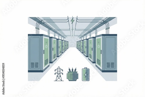 Innovative energy storage systems in a high tech facility featuring rows of storage units with power indicators and electrical components showcasing future sustainability and efficiency