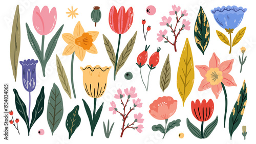 Set of spring wildflower, abstract hand drawn flowers. Floral cute doodle elements, wildflower, leaves and herb, plants, foliage.