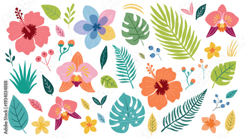 Set of tropical abstract hand drawn flowers. Floral cute doodle elements, wildflower, leaves and herb, plants, foliage.
