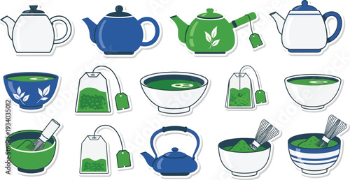 Collection of teapots, bowls, and tea bags shows various green and blue.