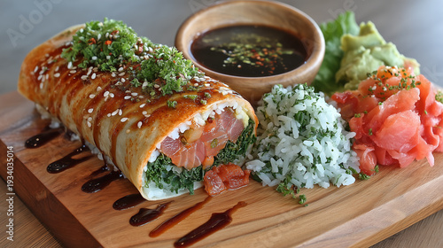 A gourmet sushi burrito filled with fresh tuna and greens, served on a wooden board with dipping sauce and colorful sides.