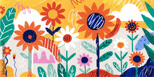 Spring cutest card or poster for the spring holiday with wildflowers, Narcissus flower, Crocus flowers. Hand drawn crayon Floral art template for Womens Day March 8, Easter, birthday and Mothers Day