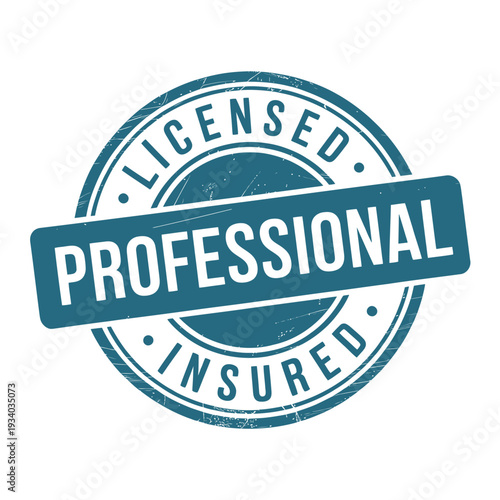 A circular teal licensed and insured badge with professional text overlay