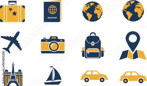 Collection of travel and vacation icons represents global journey planning.