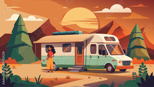 Camper van parked in mountains at sunset with woman traveler near vehicle in scenic autumn landscape illustration