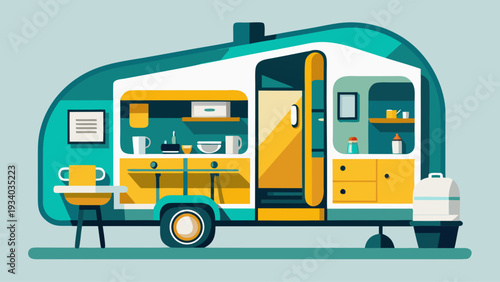 Compact camper trailer interior with kitchen shelves and open door in modern mobile home illustration