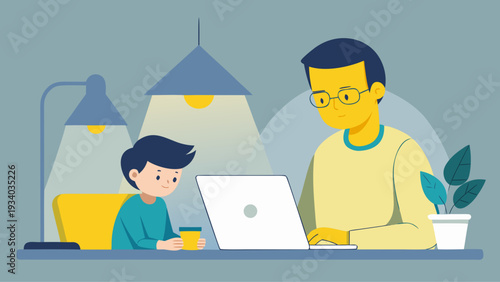 Father and son using laptop together at home desk under lamp light in cozy evening interior illustration