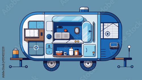 Camper trailer interior cutaway with kitchen and storage compartments in compact mobile home illustration