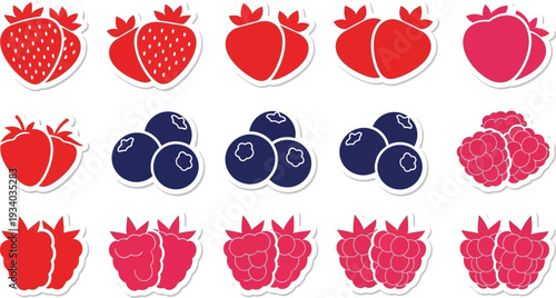 Assortment of vibrant red and blue berry stickers shows strawberries.
