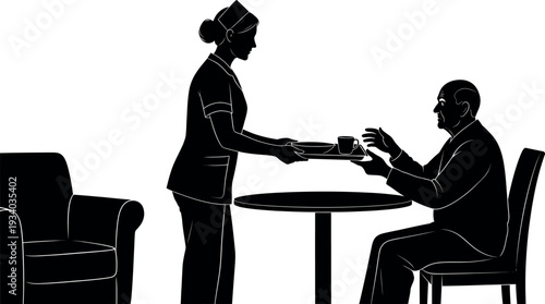 Nurse Serving Food to Elderly Patient Silhouette - Caregiver, Nursing Home, Geriatric Care (Cura senum)