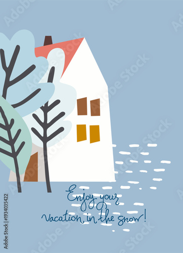 Winter holidays concept. Winter resort ad. Greeting card, banner. Cartoon-style winter cottage in the snow, fir trees.