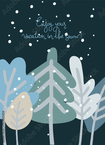 Winter holidays concept. Winter resort ad. Greeting card, banner. Cartoon-style winter cottage in the snow, fir trees.