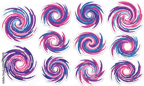 Twelve abstract swirling vortex shapes display vibrant pink and blue.