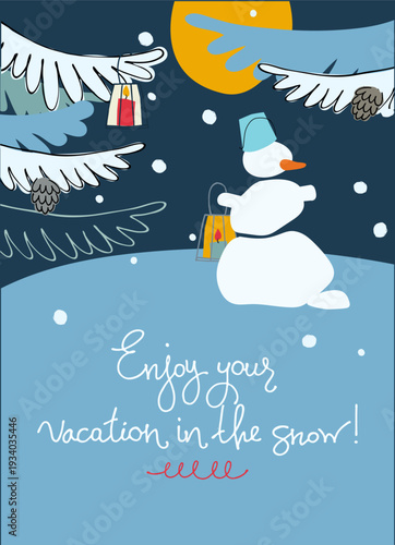 Winter holidays concept. Winter resort ad. Greeting card, banner. Cartoon-style winter cottage in the snow, fir trees.