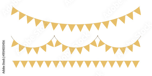 Golden triangle party bunting border. Gold festive flag garland. Birthday party bunting. Yellow flag ribbon chain. Carnival banner. Design element. Vector illustration isolated on white background.