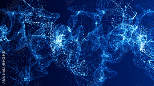 Abstract Blue Particle Wave Background with Flowing Digital Dots and Dynamic Data Motion. 3D rendering