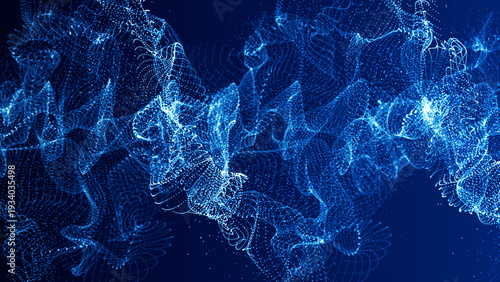 Abstract Blue Particle Wave Background with Flowing Digital Dots and Dynamic Data Motion. 3D rendering
