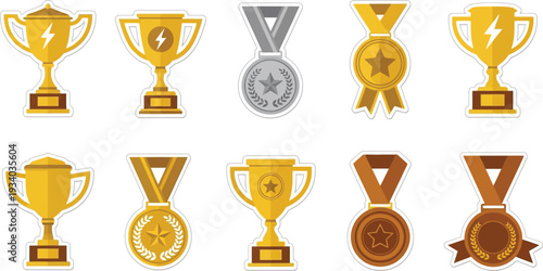 Trophies and medals collection represents achievement, victory,.