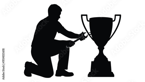 A man kneeling down next to a trophy cup isolated on white background, Vector
