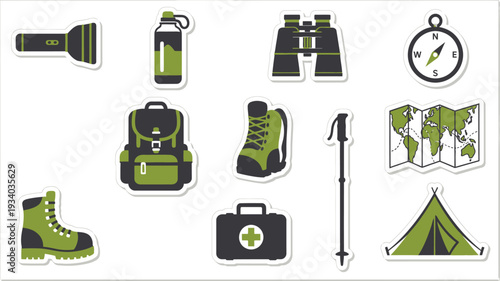 Hiking and camping gear stickers illustrate essential outdoor adventure.